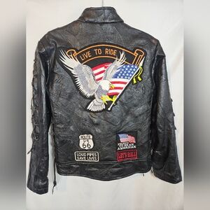 Diamond Plate Buffalo Leather Biker Jacket Small | Live to Ride Patches Lace-Up